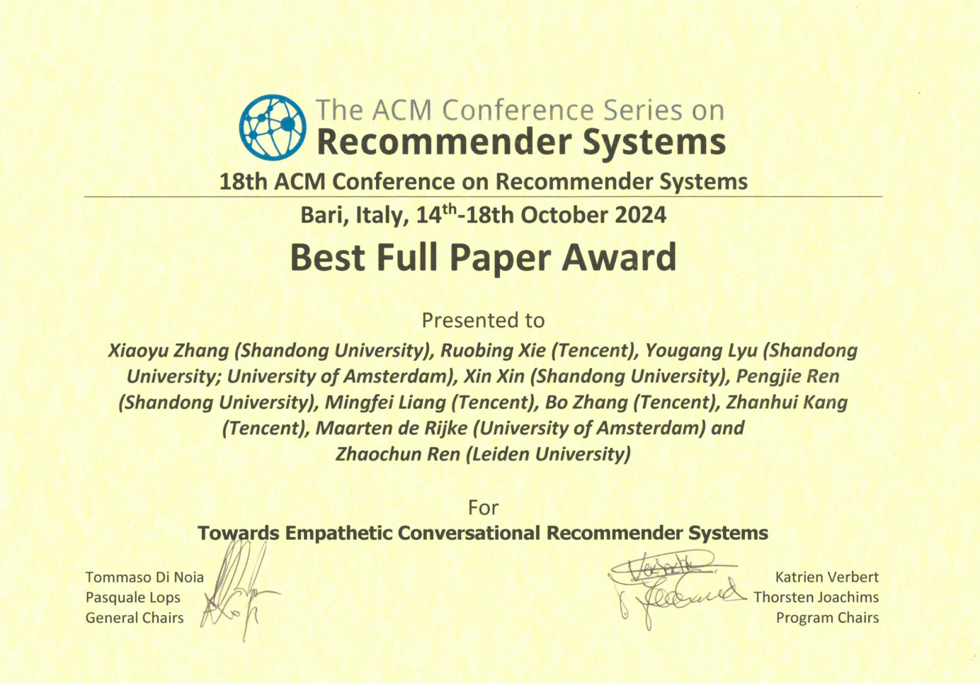 Recsys 2024 Best Full Paper Award
