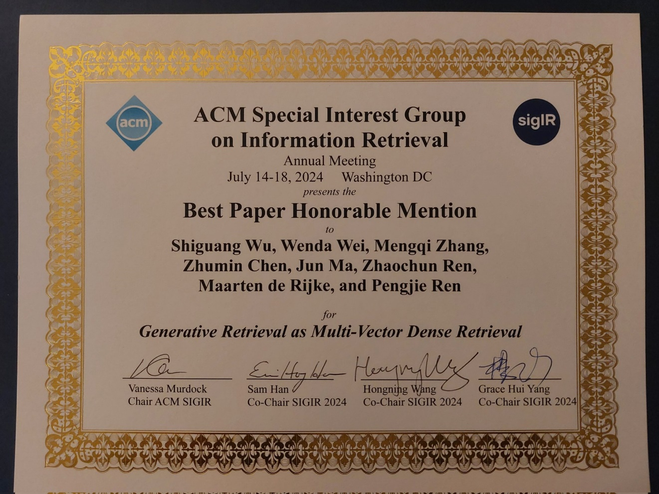 SIGIR 2024 Best Paper Honorable Mention Award